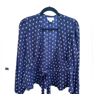 Navy Blue Diamond Print Tie-Front Cardigan Lightweight‎ Long Sleeve Wrap Top A11